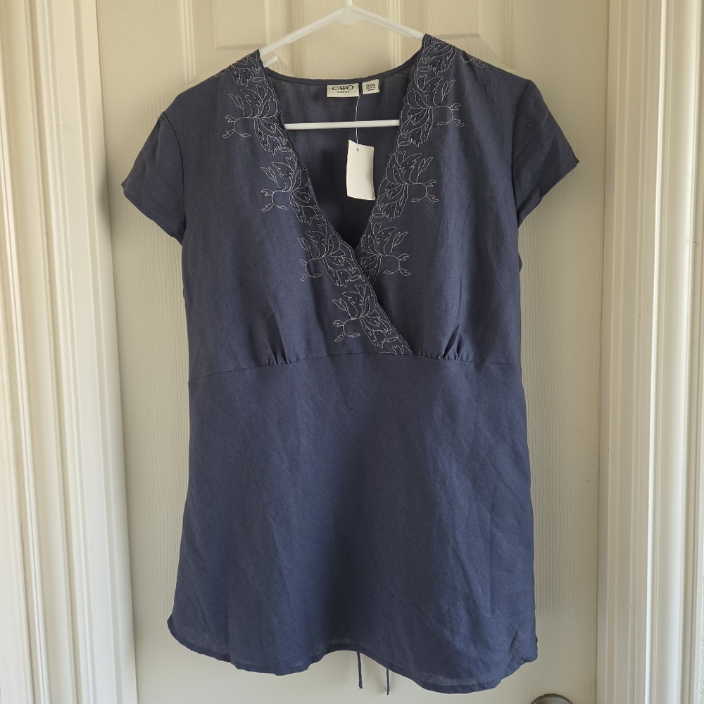 Cato Navy Blue Linen Blend Embroidered V-Neck Tunic Top Empire Waist Size 14/16W - Picture 6 of 7